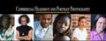 A promotional banner for Zire Photography featuring six portrait headshots of diverse clients on a black background with gold and white text reading 'Commercial Headshot and Portrait Photography' and 'Zire Photography' along with contact details.