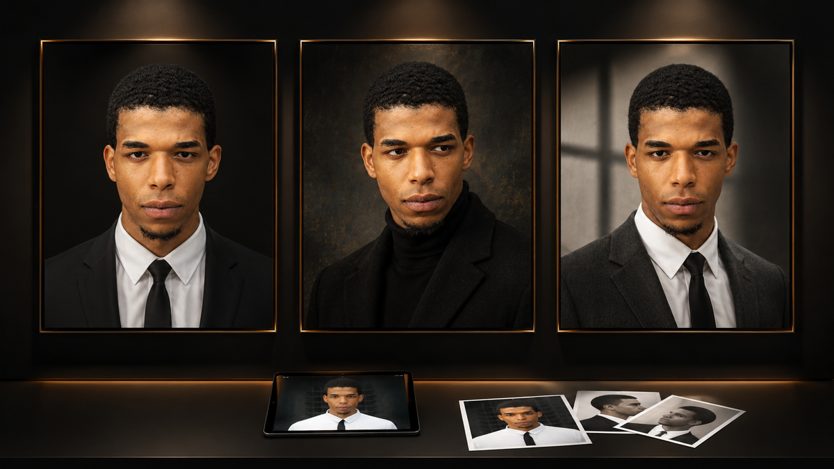 Three framed portrait prints of a young man in black and white formalwear are displayed on a dark wall, with smaller photo prints and a tablet showing the same portrait below.