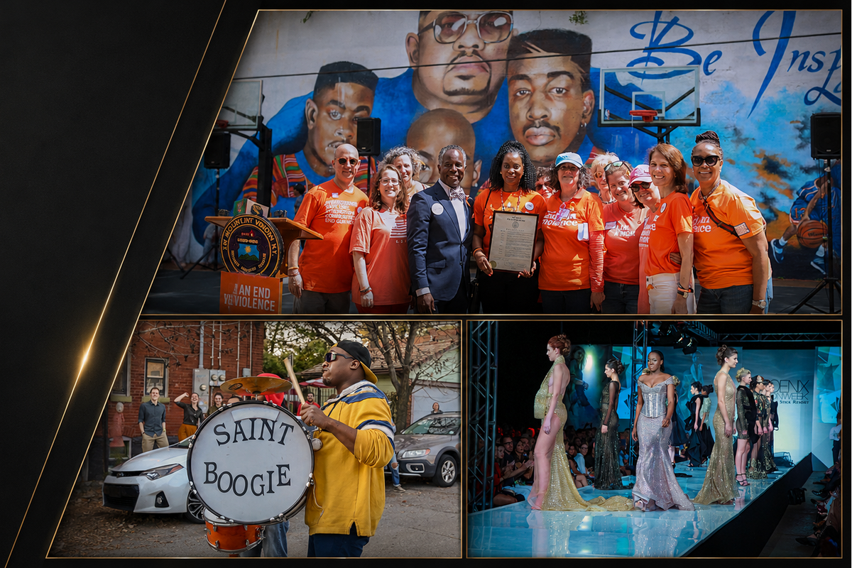 A collage-style promotional graphic with three inset photos: a group of people in orange shirts standing in front of a mural, a man holding a drum labeled 'SAINT BOOGIE' outdoors, and a fashion runway with models wearing formal gowns on a blue-lit stage.