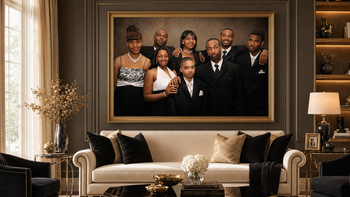 A large framed family portrait of seven people in formal black attire, displayed on a dark wall above a cream sofa in a styled living room.