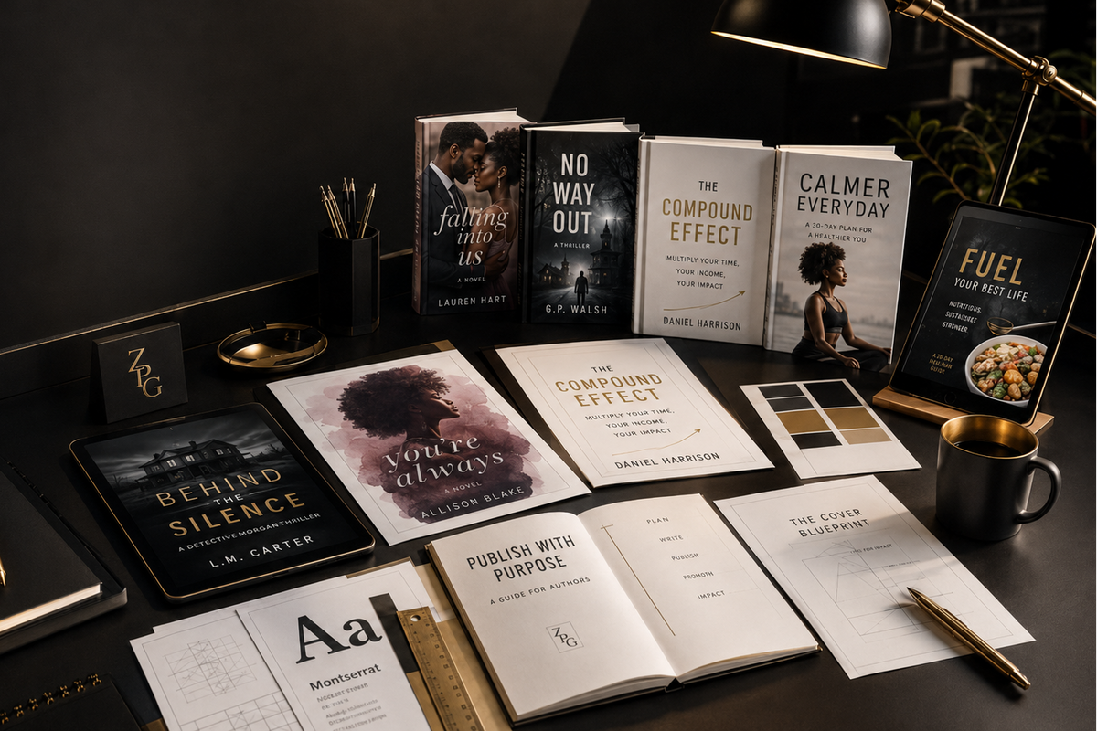 A styled desk arrangement featuring multiple books, notebooks, pens, and printed materials in a dark, moody setting. Visible titles include 'Behind You Silence', 'No Way Out', 'The Compound Effect', 'Calmer Everyday', and 'Fuel Your Best Life', along with open notebooks and a gold pen.