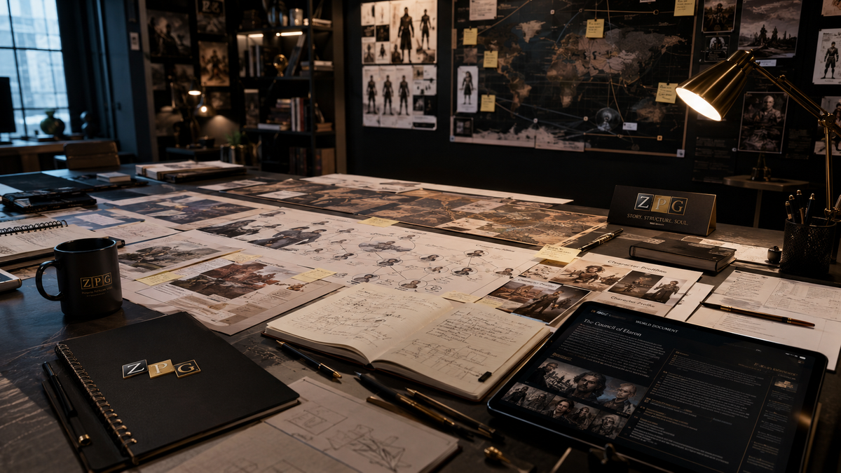 A dark, atmospheric tabletop scene in a studio or office, with sketches, notebooks, a tablet, and a mug arranged on a desk under a lit lamp. No person is visible, but the real environment is present, so this fits Lifestyle rather than Product/Packaging.