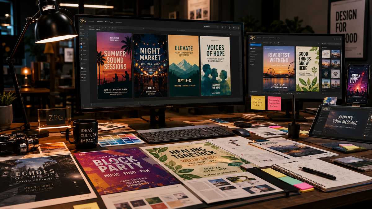 A styled desk setup with three computer monitors displaying digital design templates and posters, surrounded by notebooks, pens, a lamp, and printed design samples in a dimly lit room.