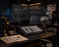 A dark, atmospheric character design studio workspace with multiple digital screens displaying character concept art, sketches, and costume details, plus a drawing tablet, pens, books, and a chair in a dimly lit room.