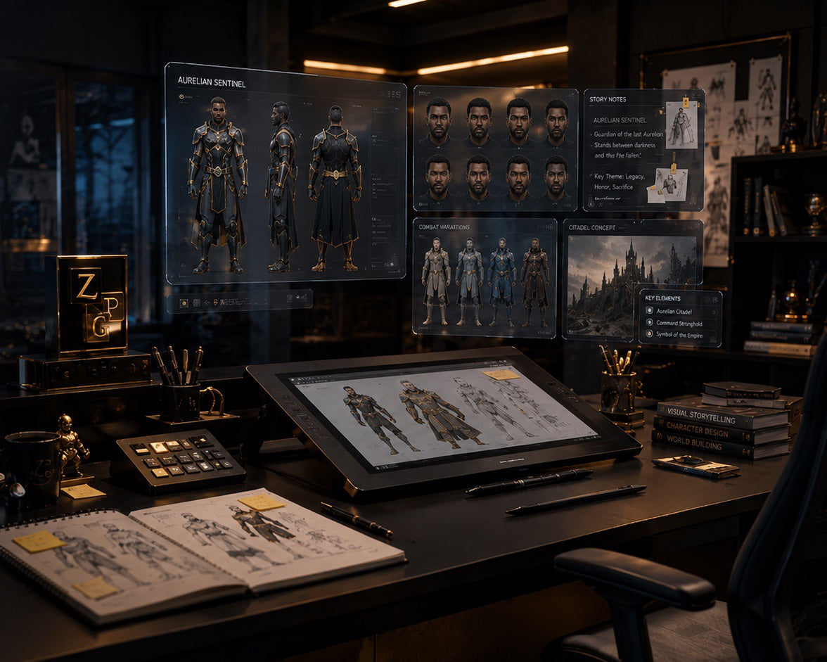 A dark, atmospheric character design studio workspace with multiple digital screens displaying character concept art, sketches, and costume details, plus a drawing tablet, pens, books, and a chair in a dimly lit room.