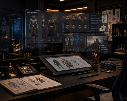 A dark, atmospheric character design studio workspace with multiple digital screens displaying character concept art, sketches, and costume details, plus a drawing tablet, pens, books, and a chair in a dimly lit room.