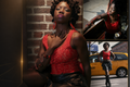 A fashion portrait collage featuring a woman wearing a red lace sleeveless top and dark bottoms, posed against a brick wall with inset street-style photos showing the same outfit in a city setting.