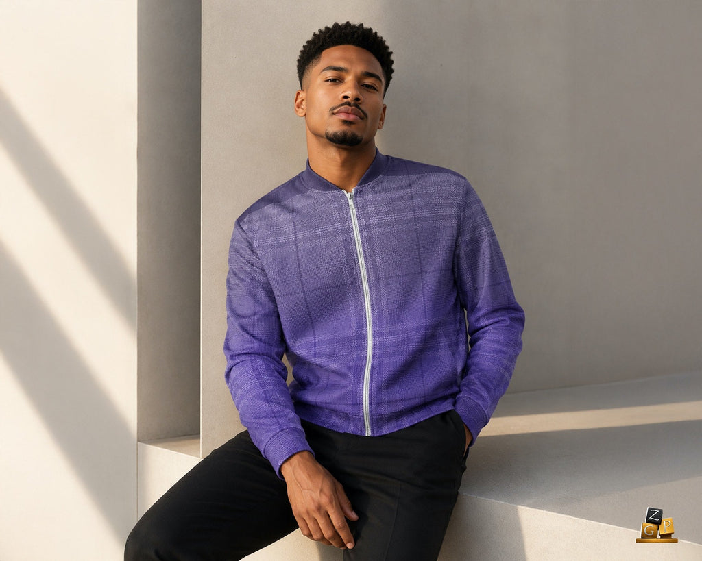 A man wearing a purple textured zip-up jacket with a white zipper and black pants, sitting on a white concrete ledge in a minimalist setting.