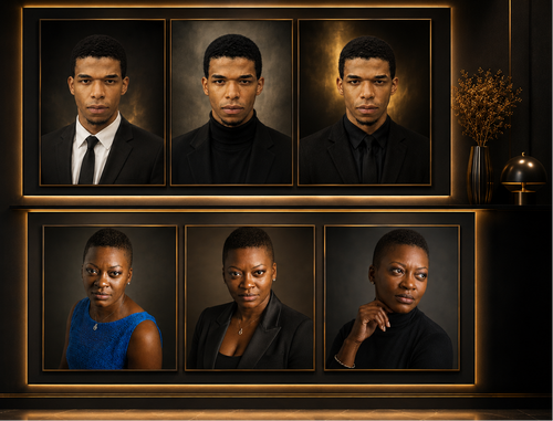 A promotional graphic for Zire Photography & Graphics, featuring five professional headshot portraits in a dark, elegant layout with gold borders and branding on a black background.