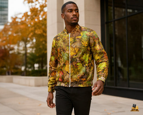 A man wearing a yellow and green leaf-printed bomber jacket with a white zipper, standing outdoors in front of a modern building.