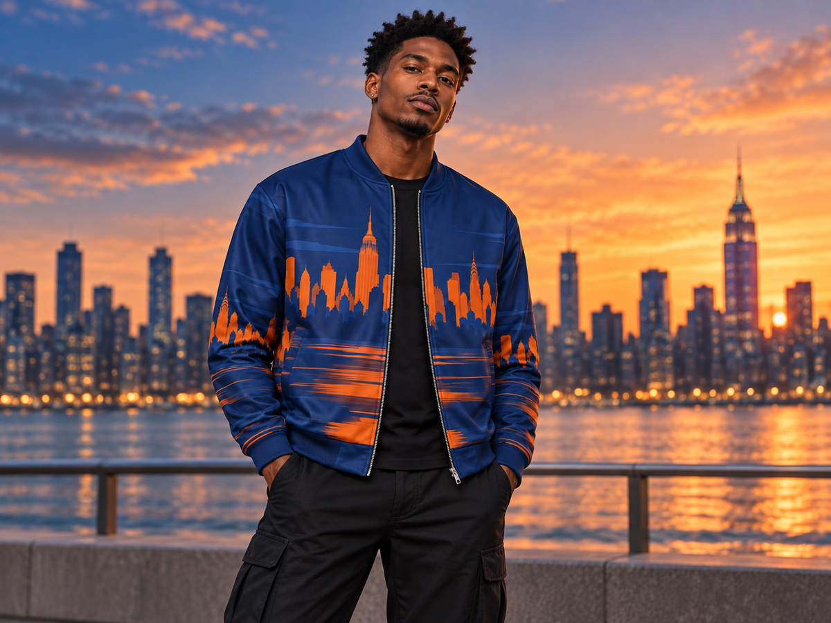 A man wearing a blue bomber jacket with an orange New York City skyline print, standing in front of a sunset city skyline and water.